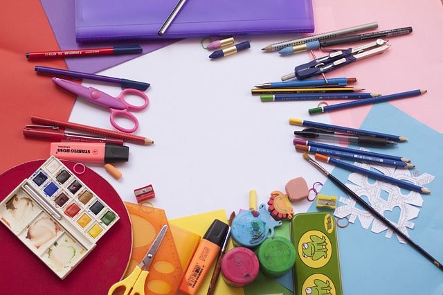 Paint, Brushes, Pens, Pencils, Erasers, Scissors